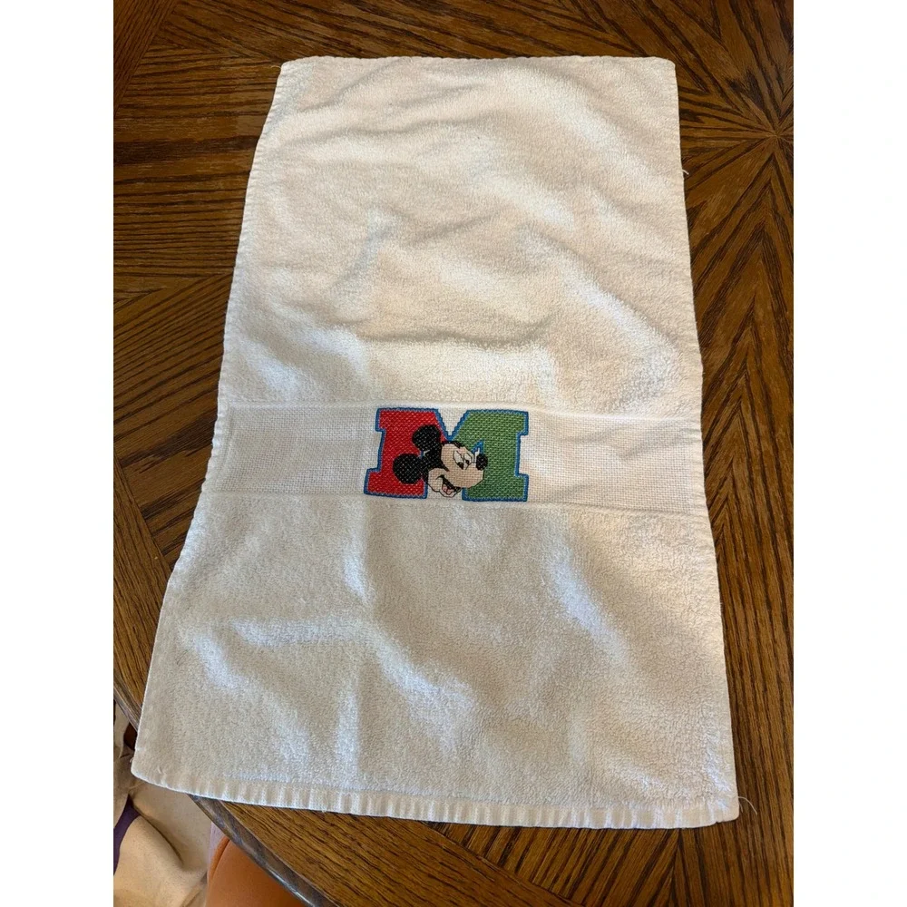 Vintage Disney Mickey Mouse Embroidered White Cotton Hand Towel Letter M Retro
